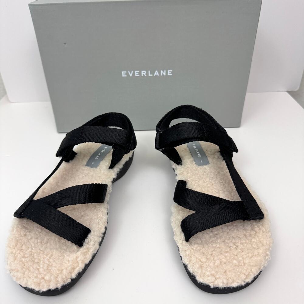 Everlane Womens The Renew Teddy Sport Sandal Sz 6 Faux Fur Strappy Black
